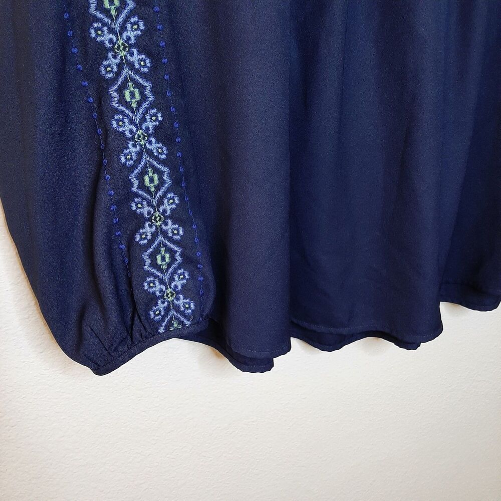 GAP Blouse Navy Blue Women Size XXL Peasant Embroidered Split Neck Long Sleeve - Picture 9 of 10